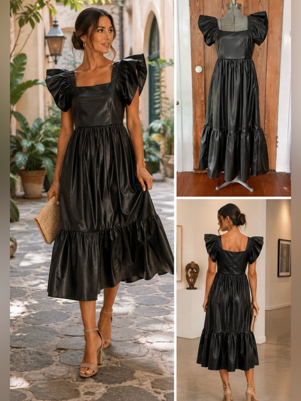 Olivia James Brooke Faux Leather Flutter Sleeve Tiered Midi Dress XS💛